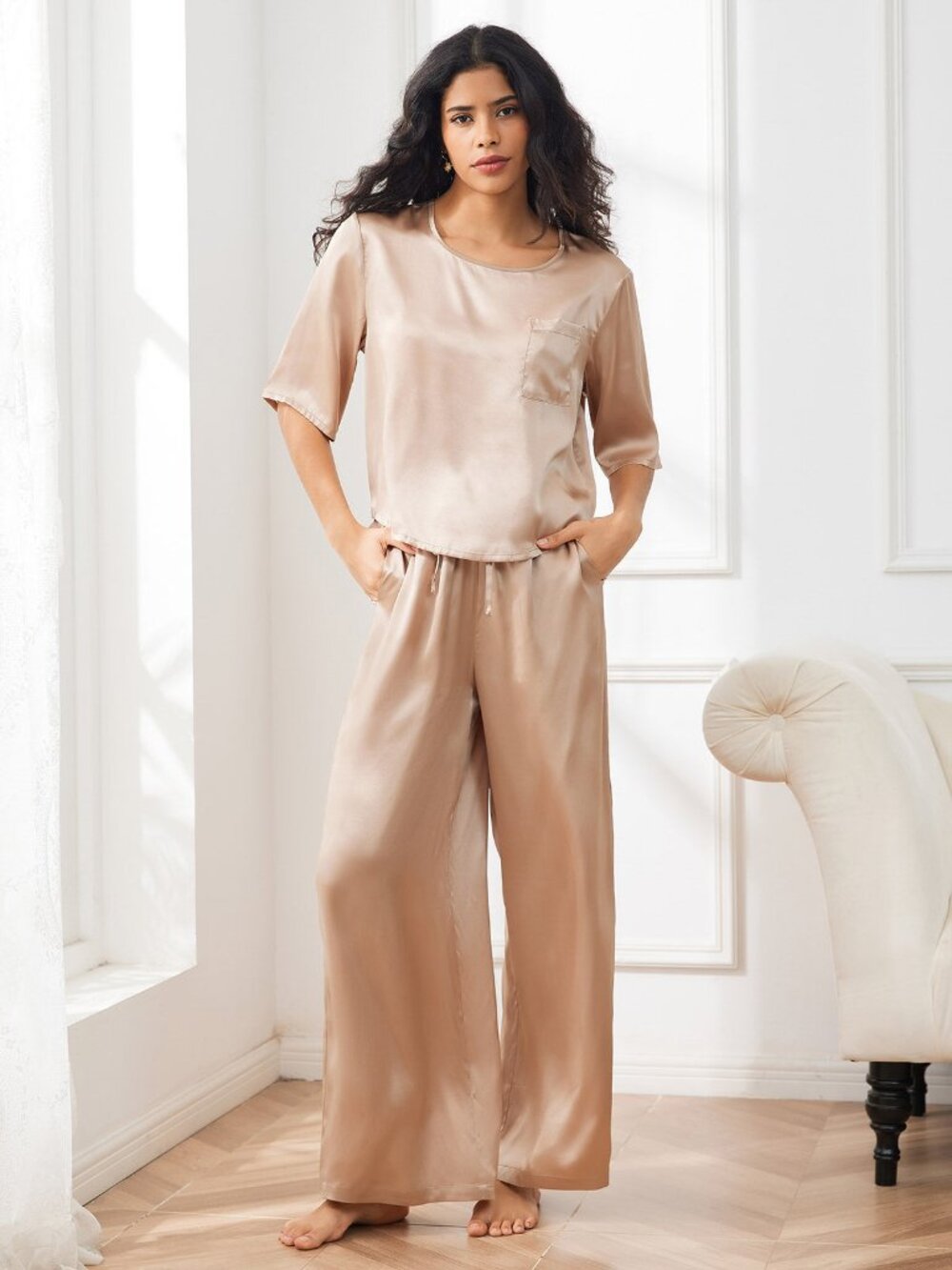 100% Silk Champagne Gold Pajama Set, New with Tags, by SilkSilky